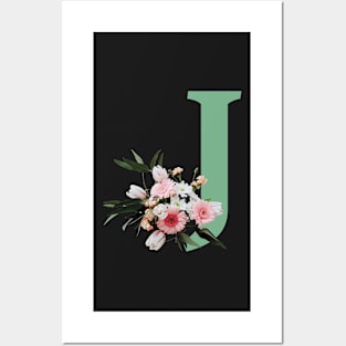 Letter J green with colorful flowers Posters and Art